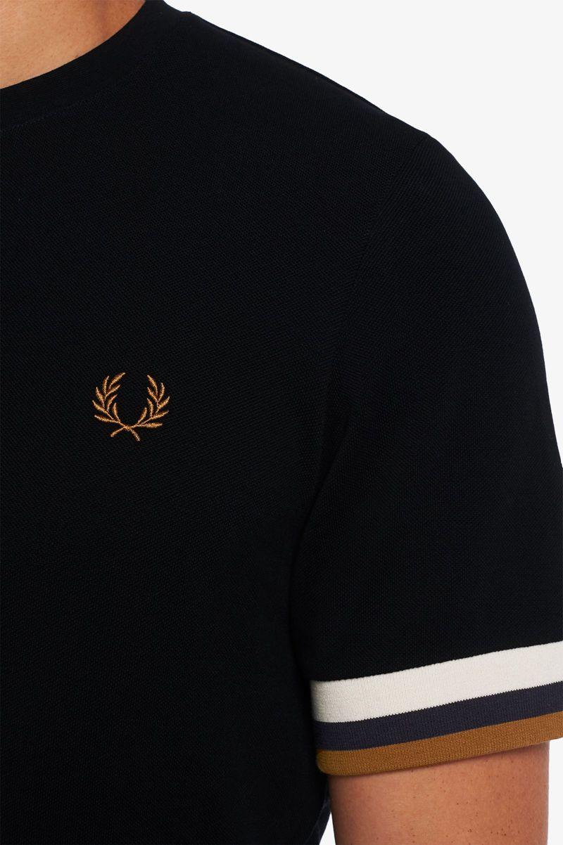 Black Fred Perry Striped Cuff Piqué Men's T Shirts | PH 1772SGLO